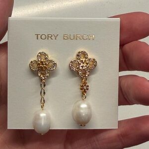 Tory Burch Asymmetrical Clover Style Gold and Crystal Pearl Drop Earrings